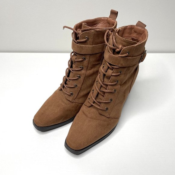 Just Fab Boots Women 8.5 Brown Faux Suede Alanna Ankle Lace Up Zip Block Heel - Picture 1 of 16